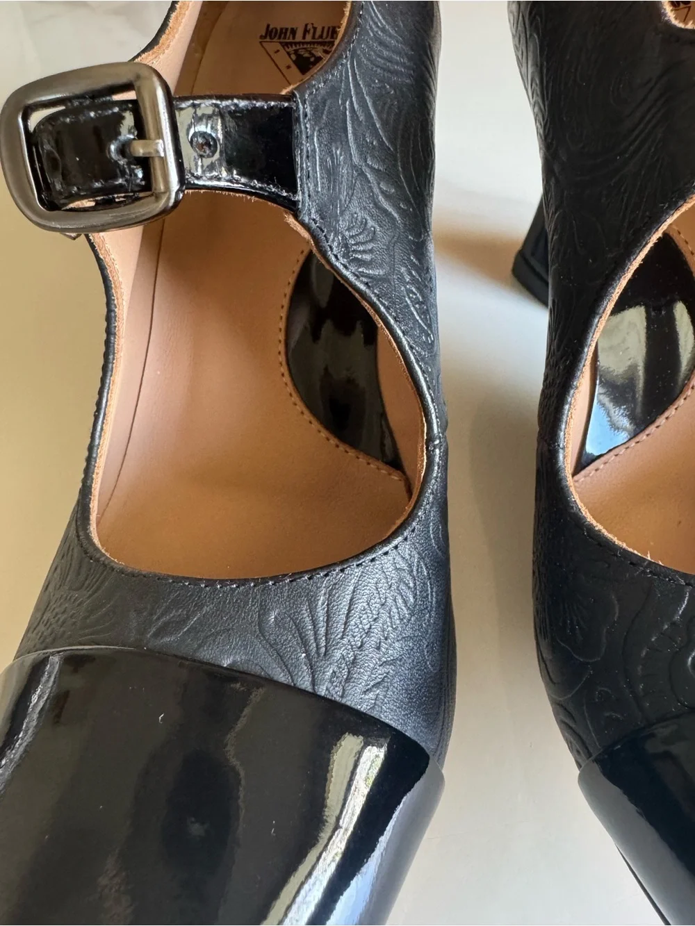 John Fluevog Malala Big Presence Black Embossed Leather Mary Jane Heels 7